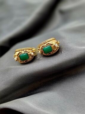 Vintage Vendome Byzantine Pierced Earrings Gold Green Cabochon Statement Luxe
